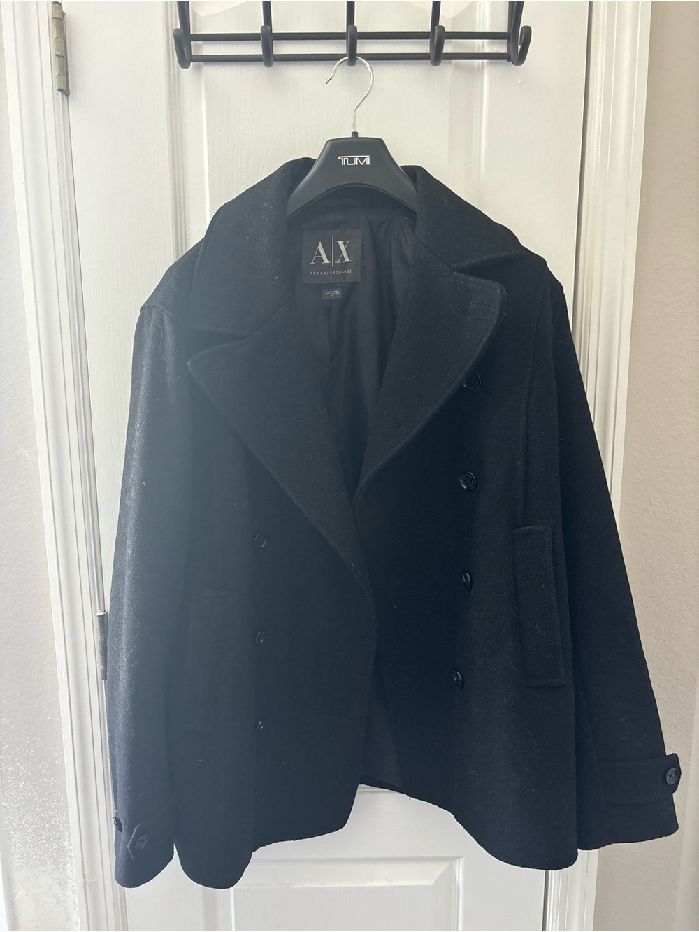 Armani Exchange Men’s Black Double-Breasted Peacoat